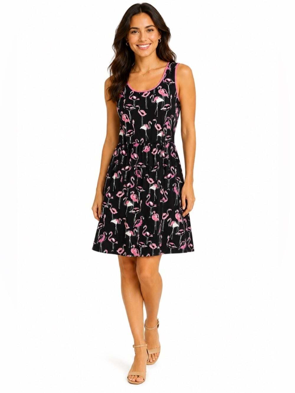 Crown & Ivy Flamingo Fit Flare Dress Size 4 Black Pink Preppy Coastal Style